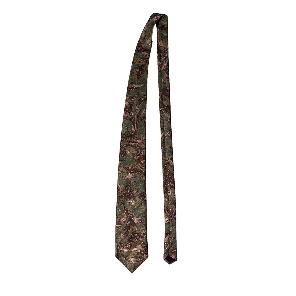 Mens Silk Necktie Pagliano Milan New York Green Brown Earth Tones Floral AOP